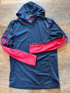 Reebok Navy Hooded Long Sleeve with Pink Sleeve Panels with thumb holes